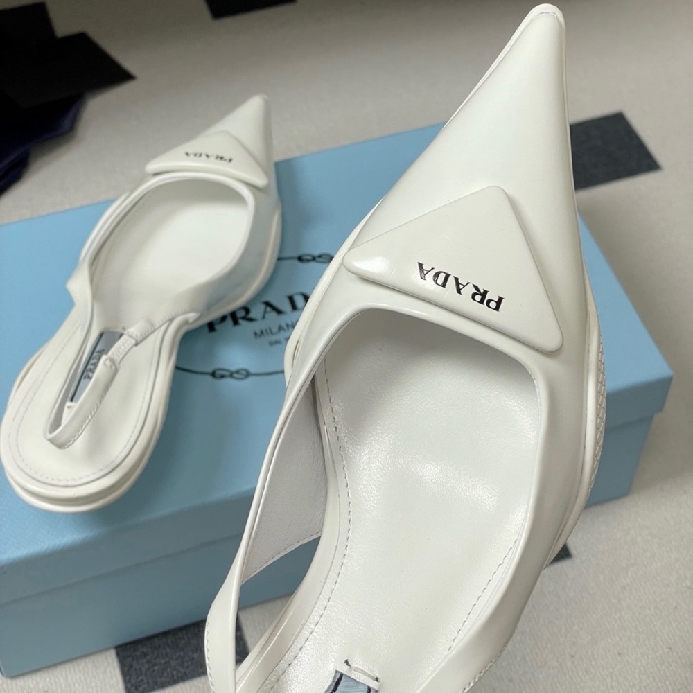 Prada Linea Rossa White Patent Slingback Pointed-Toe Heels